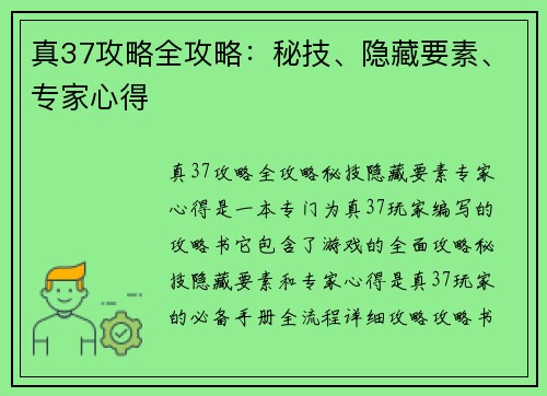 真37攻略全攻略：秘技、隐藏要素、专家心得